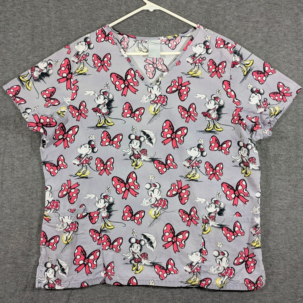 Disney Minnie Mouse Scrub Top Grey V-Neck Polka Dot Bows Short Sleeve Size XL